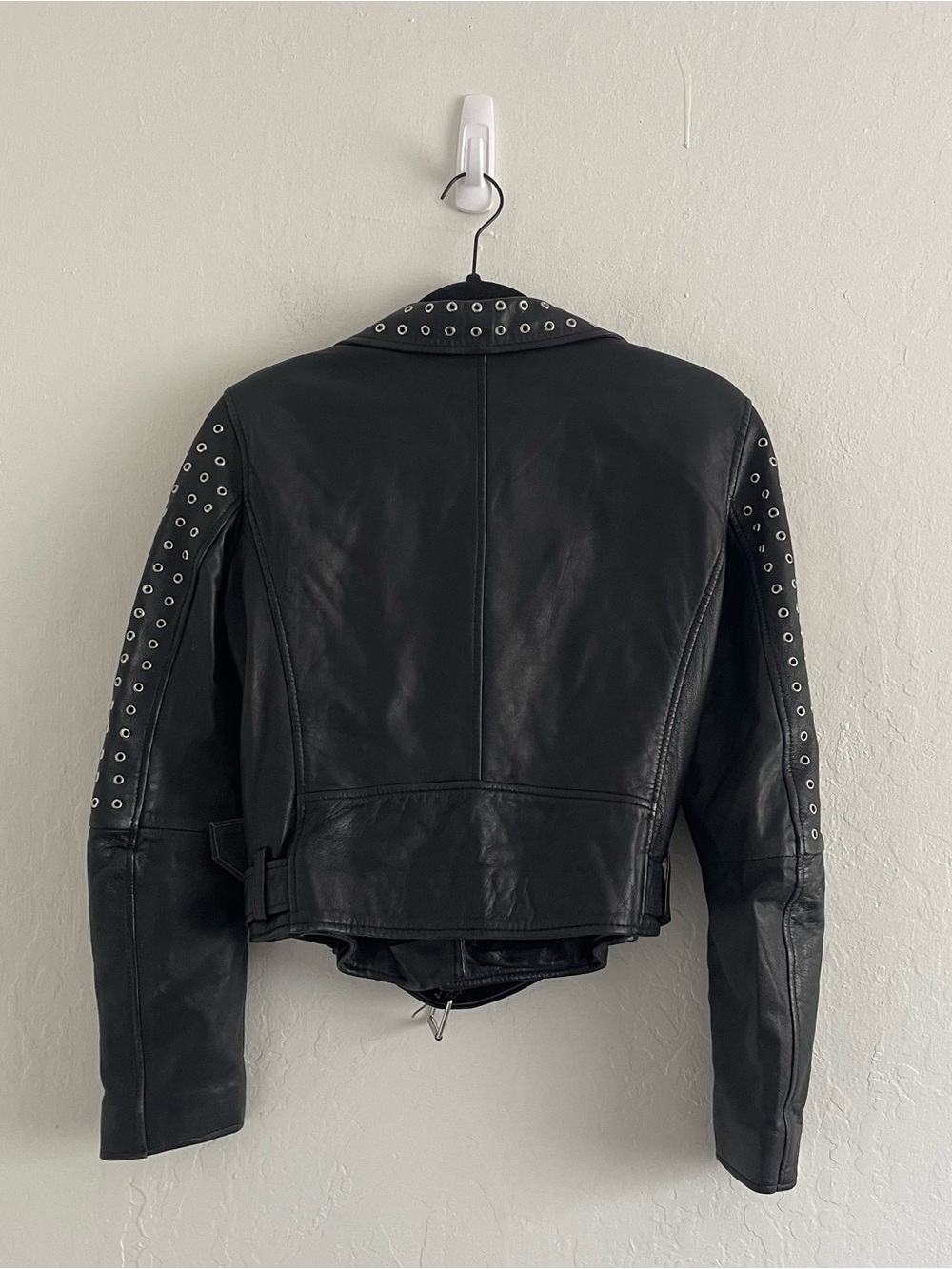 Zara Studded Leather Jacket Black Moto Jacket Belted Women's Size Medium Punk - Picture 3 of 10